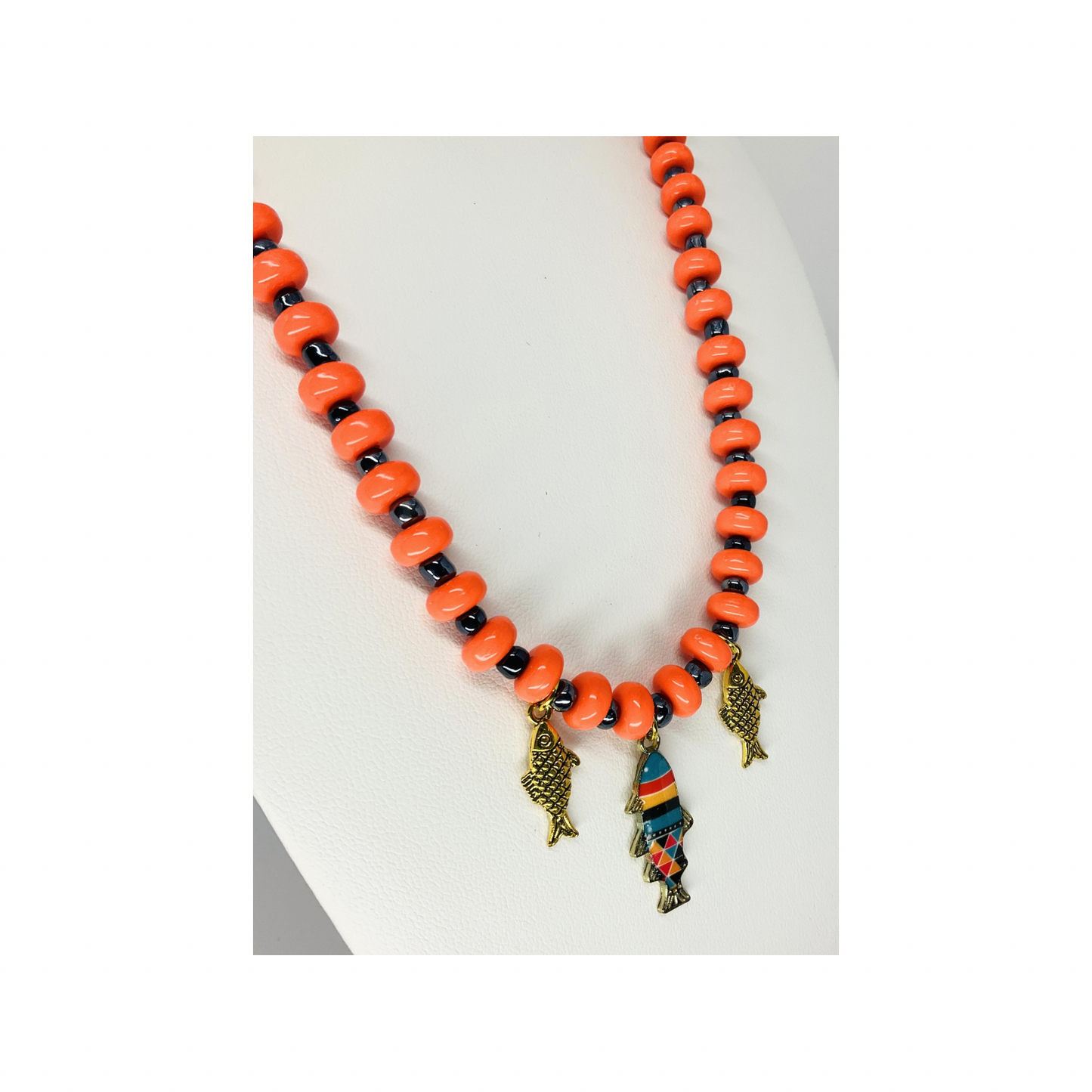 Orange and Dark Navy Beaded Fish Necklace | 18-inch | Crafting By BB