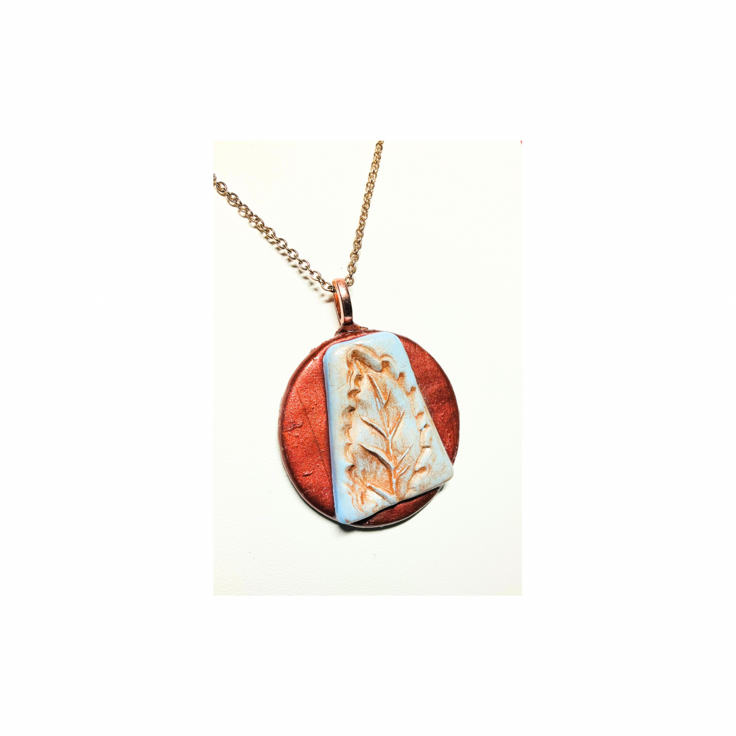 Layered Copper and Blue Leaf Stamped Pendant with  Bronze Chain Necklace