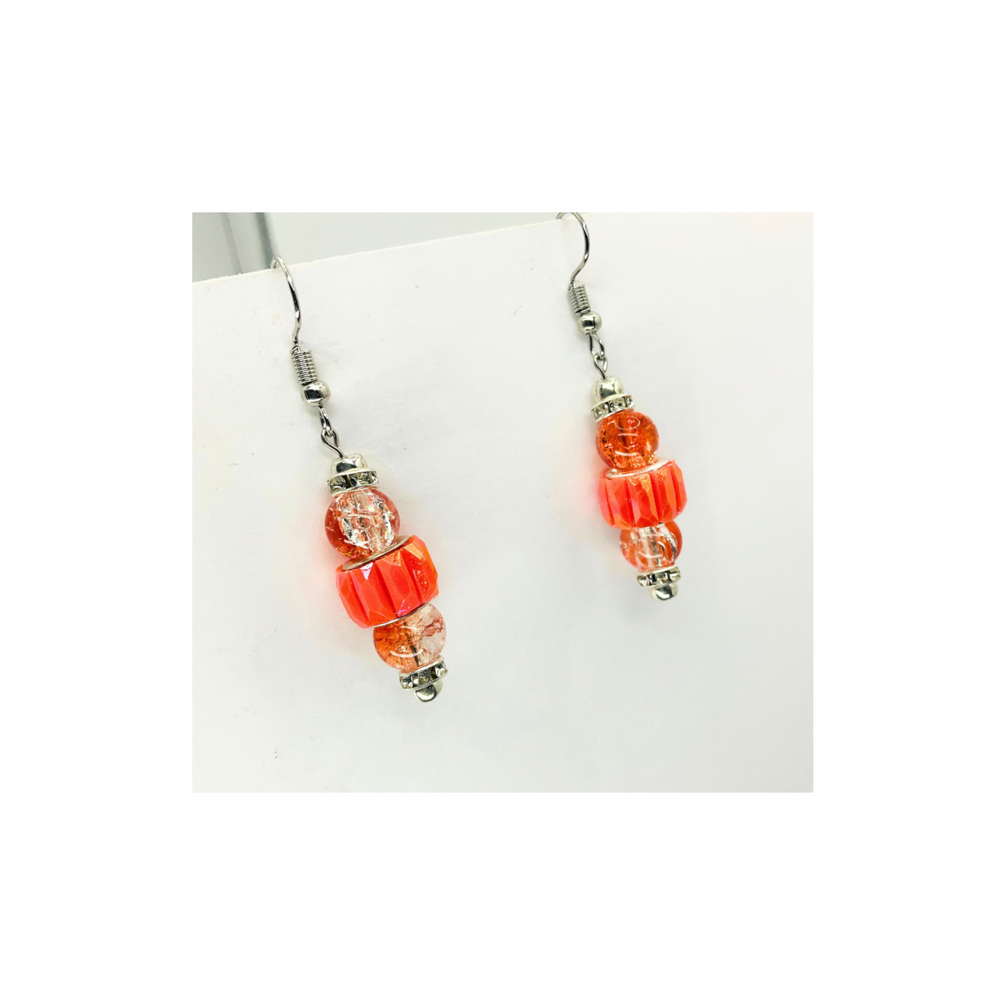 Vibrant Peach Orange Beaded Dangle with Crystal &amp; Silver