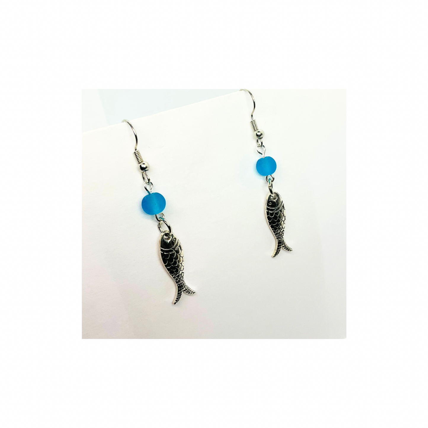 Ocean Collection Silver Fish with Blue Bead Dangle Earring - Elegant Female Accessory for Casual & Formal Events