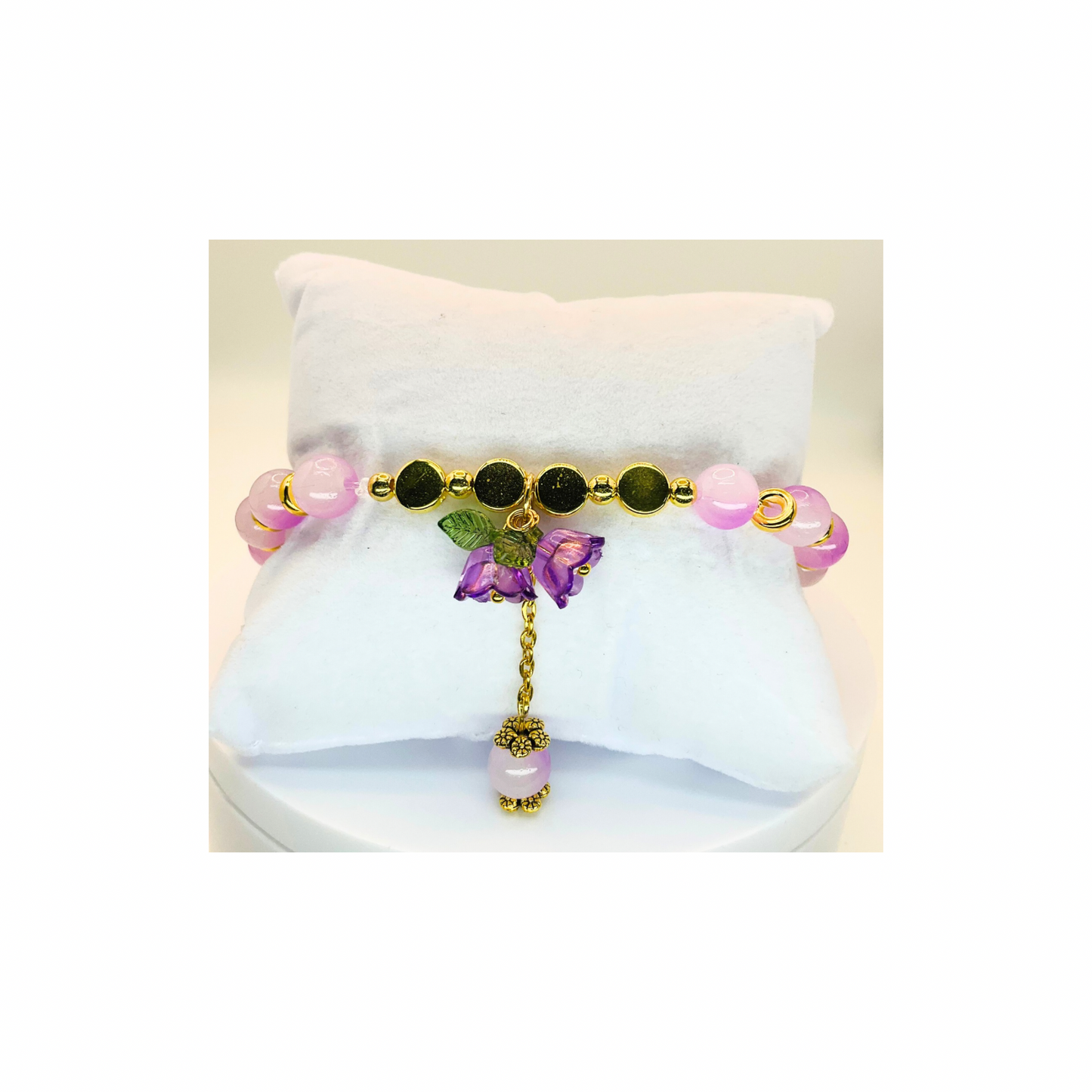 Purple Variegated Beads with Purple Flower Charm Stretch Bracelet