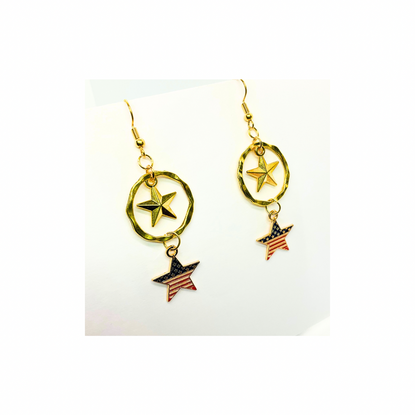 Patriotic Collection Gold Circle with Star Charm Dangle Earrings American Flag Design