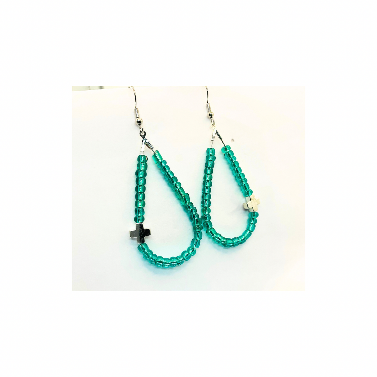 Teardrop  Glass Turquoise Seed Beads with a Silver Cross