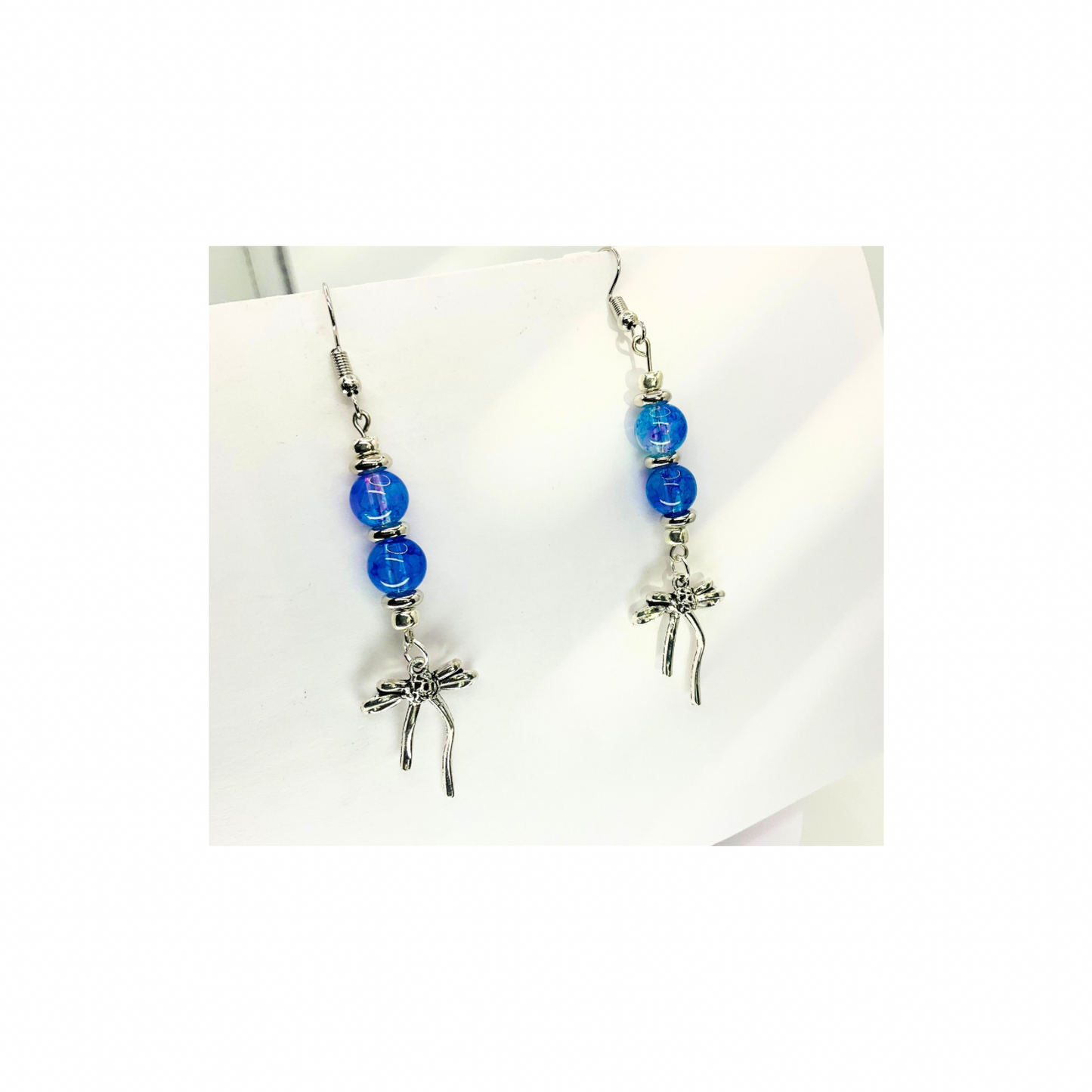 Blue Crystal Glass Bead Dangle Earrings with Silver Bow