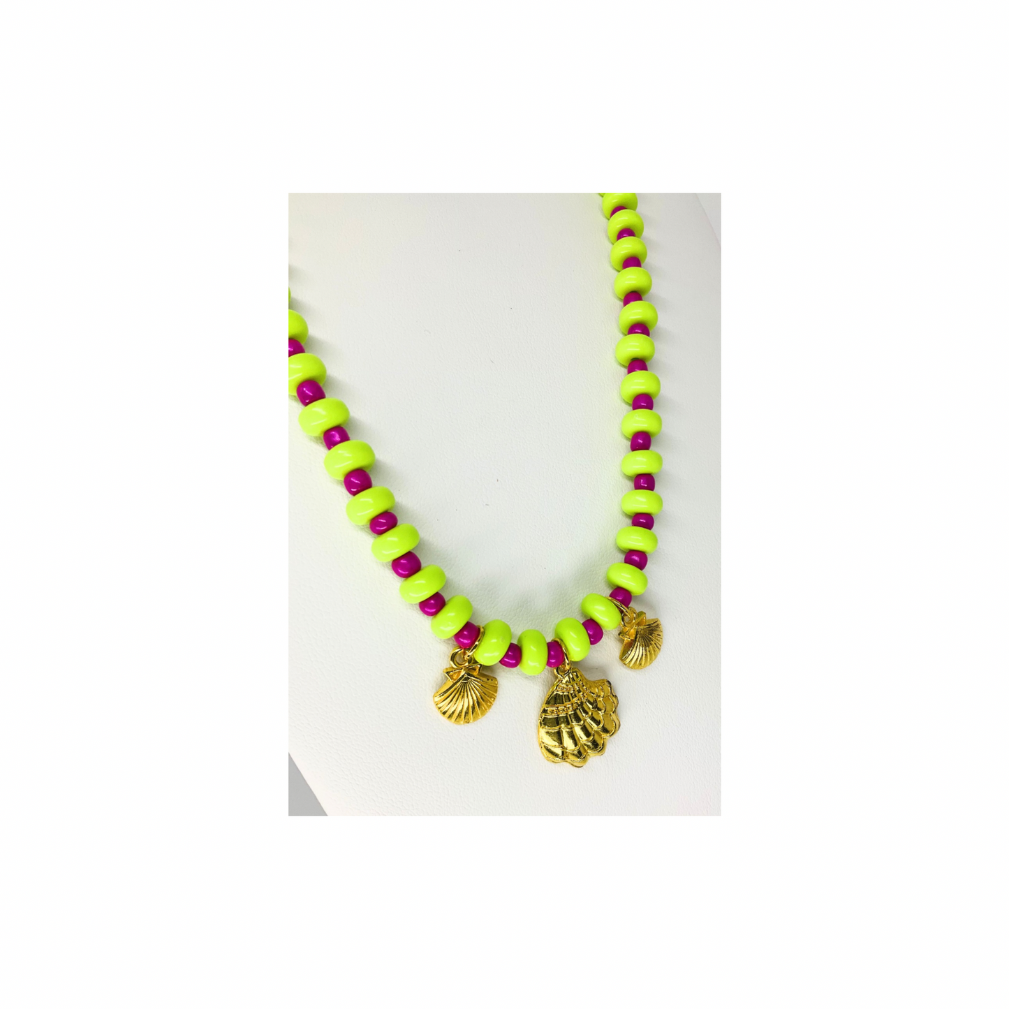 Lime Green and Hot Pink Beaded Necklace with Gold Shell Charms | 18-inch | Crafting By BB
