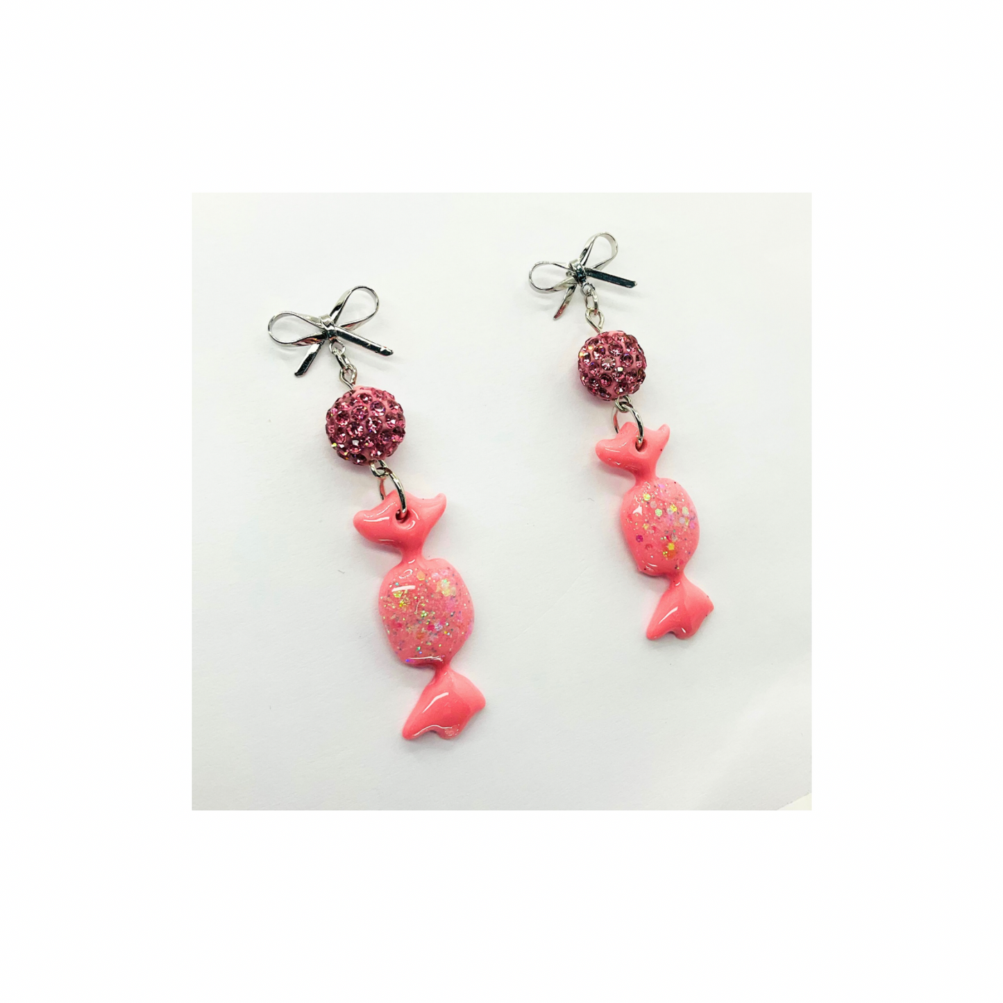 Pink Wrapped Candy Earrings with Sparkle Bead & Silver Stud Bow Dangle for Festive Wear