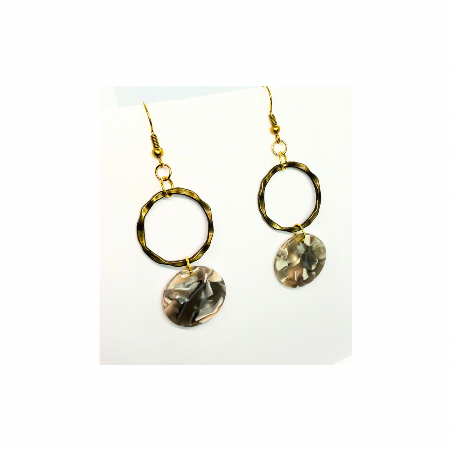 Tortoise Collection Gray and Beige Circle Gold Dangle Earring with Unique Tortoise Shell Design