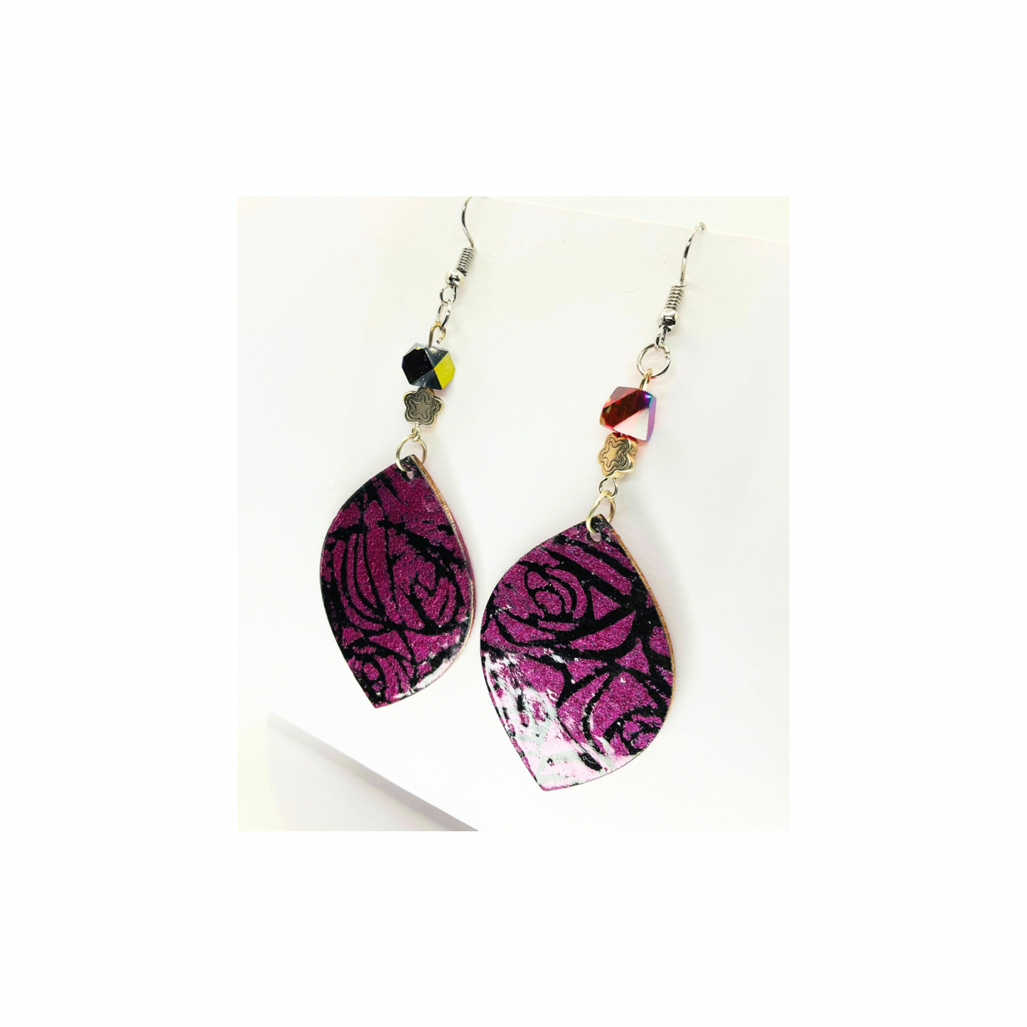 Iridescent Fuchsia Rose Dangle Earrings with Silver Flower