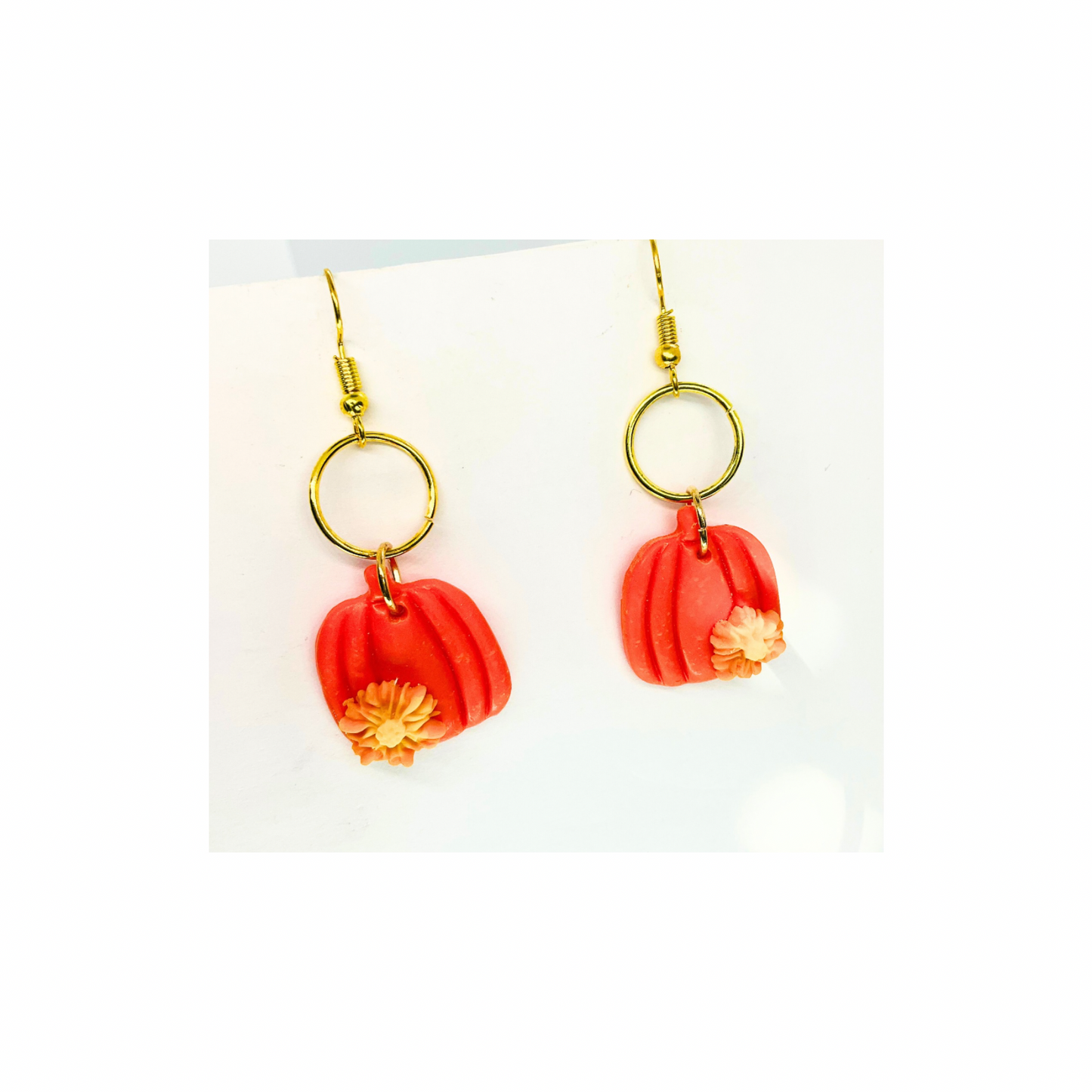 Fall Collection Orange Pumpkin with Small Flower and Circle Gold Dangle Earring - Unique Design Jewelry Accessory