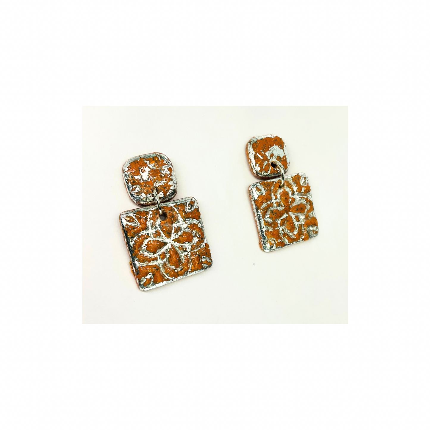 Terracotta Tile Stud Earrings for Women - Square Design with Orange and Silver Patterns Elegant Everyday Wear Jewelry