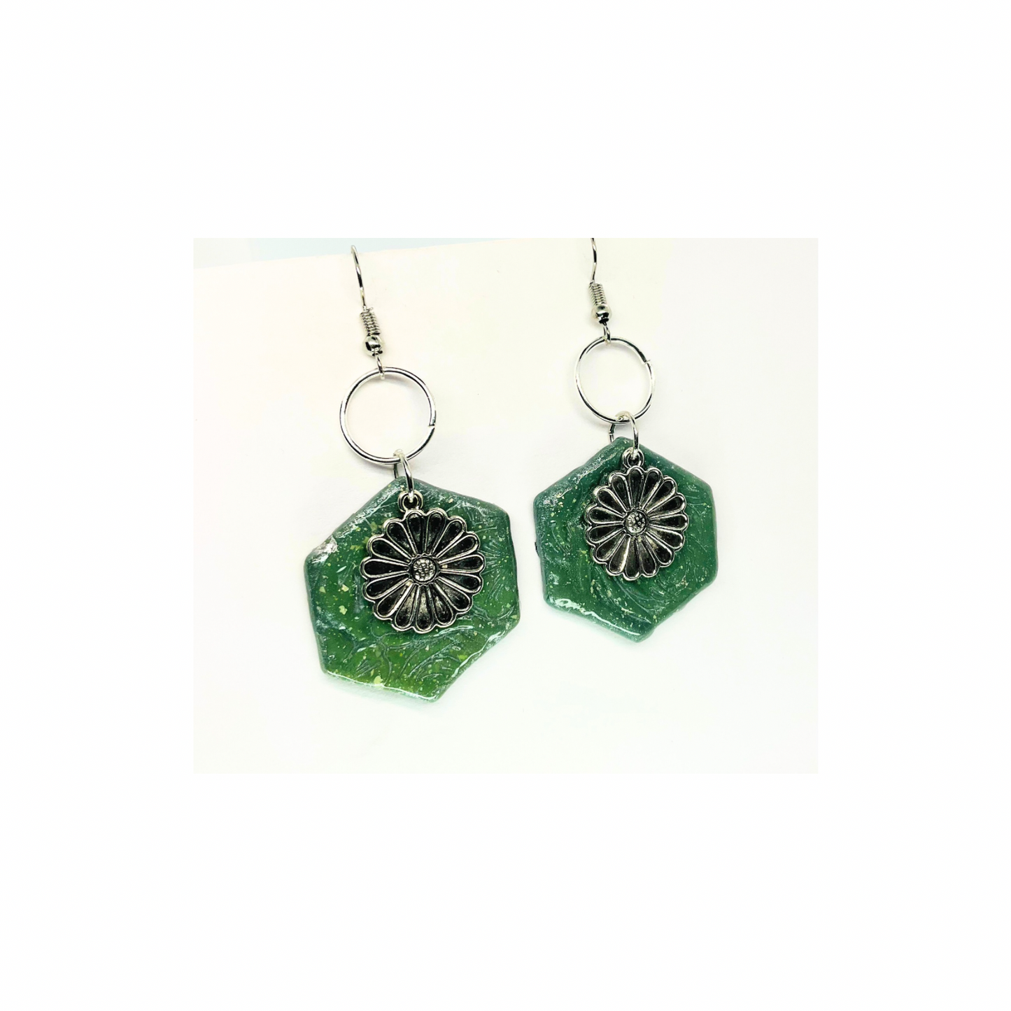 Jade Green Color Hexagon Shaped with Silver Flower Charm Dangle Earrings for Female Jewelry Accessories