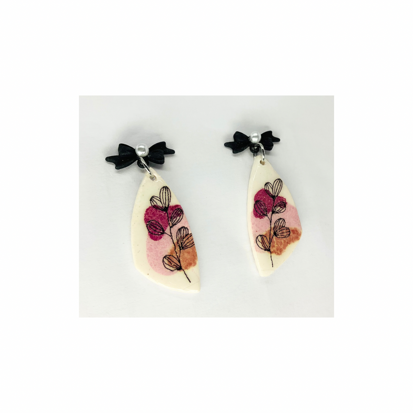 Flower Line Art Dangle with Black Pearl Bow Stud Earring-Crafting By BB