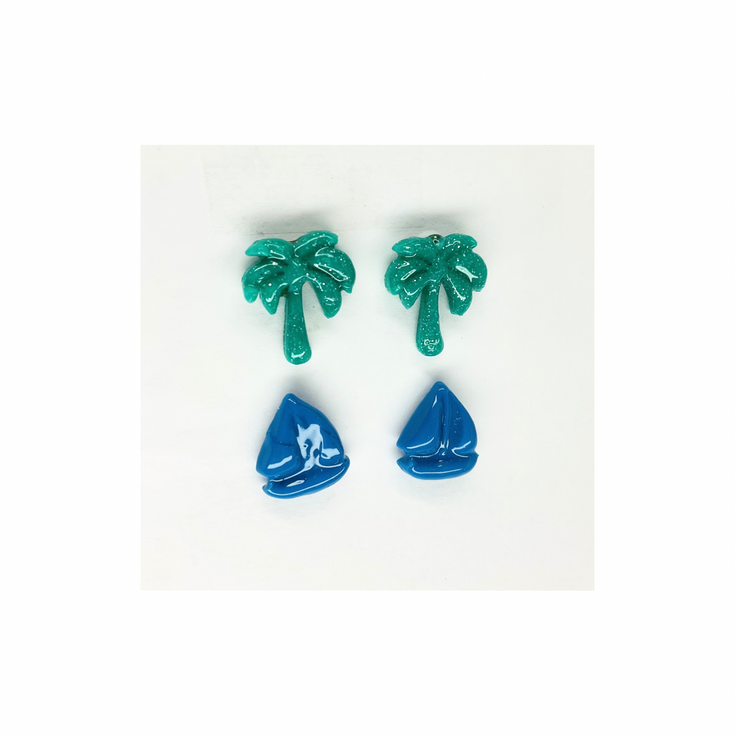 Blue Sailboatand Green Palm Tree Stud Earrings-Crafting By BB