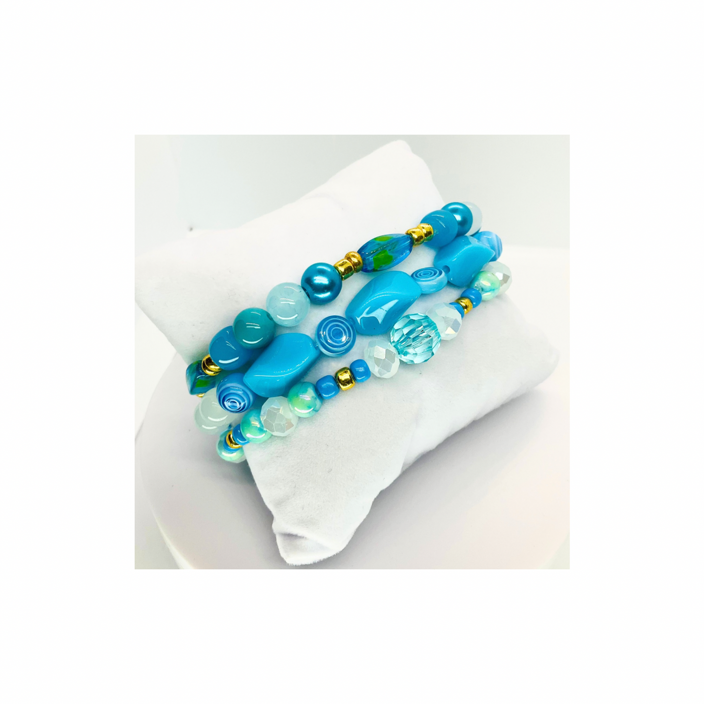 Turquoise Blue and Gold Stacked Stretch Bracelet Set of Three with Beaded Design and Gold Accents