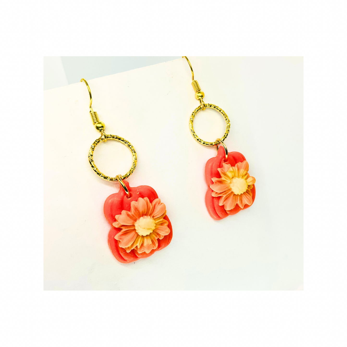 Fall Collection Orange Stacked Pumpkins with Large Flower Dangle Earring
