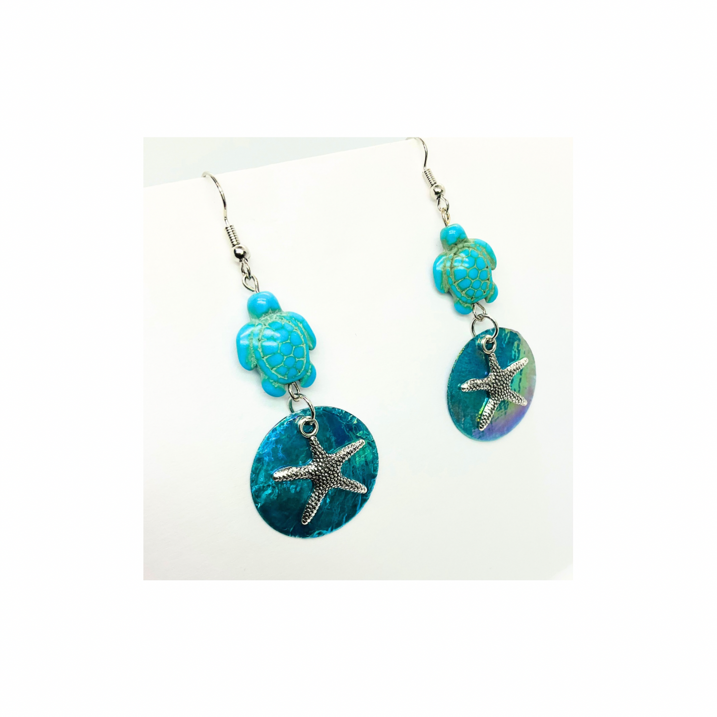 Ocean Collection Blue Flat Shell with Star Fish and Turtle Dangle Earring - Unique Sea Life Design