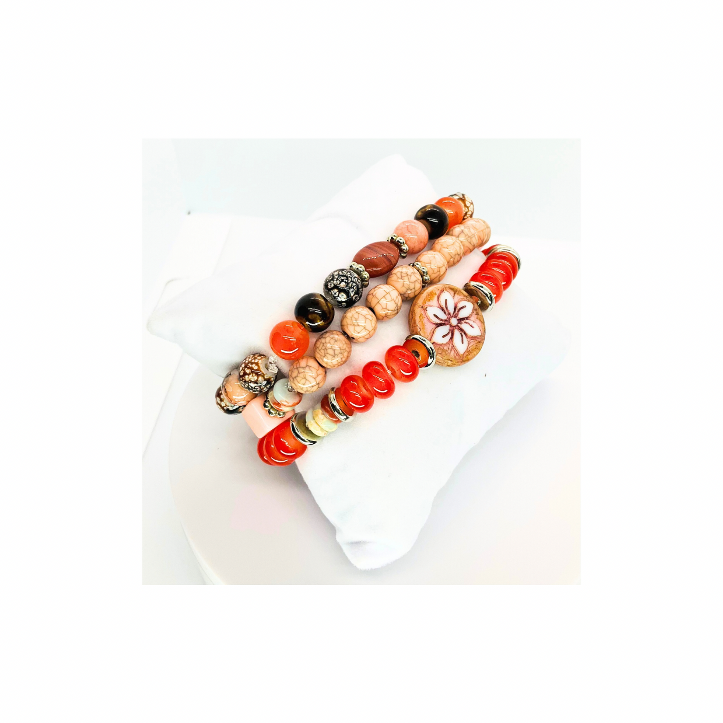 Coral Stacked Stretch Beaded Set of Three Bracelets with Natural Coral Beads for Stylish and Comfortable Wear