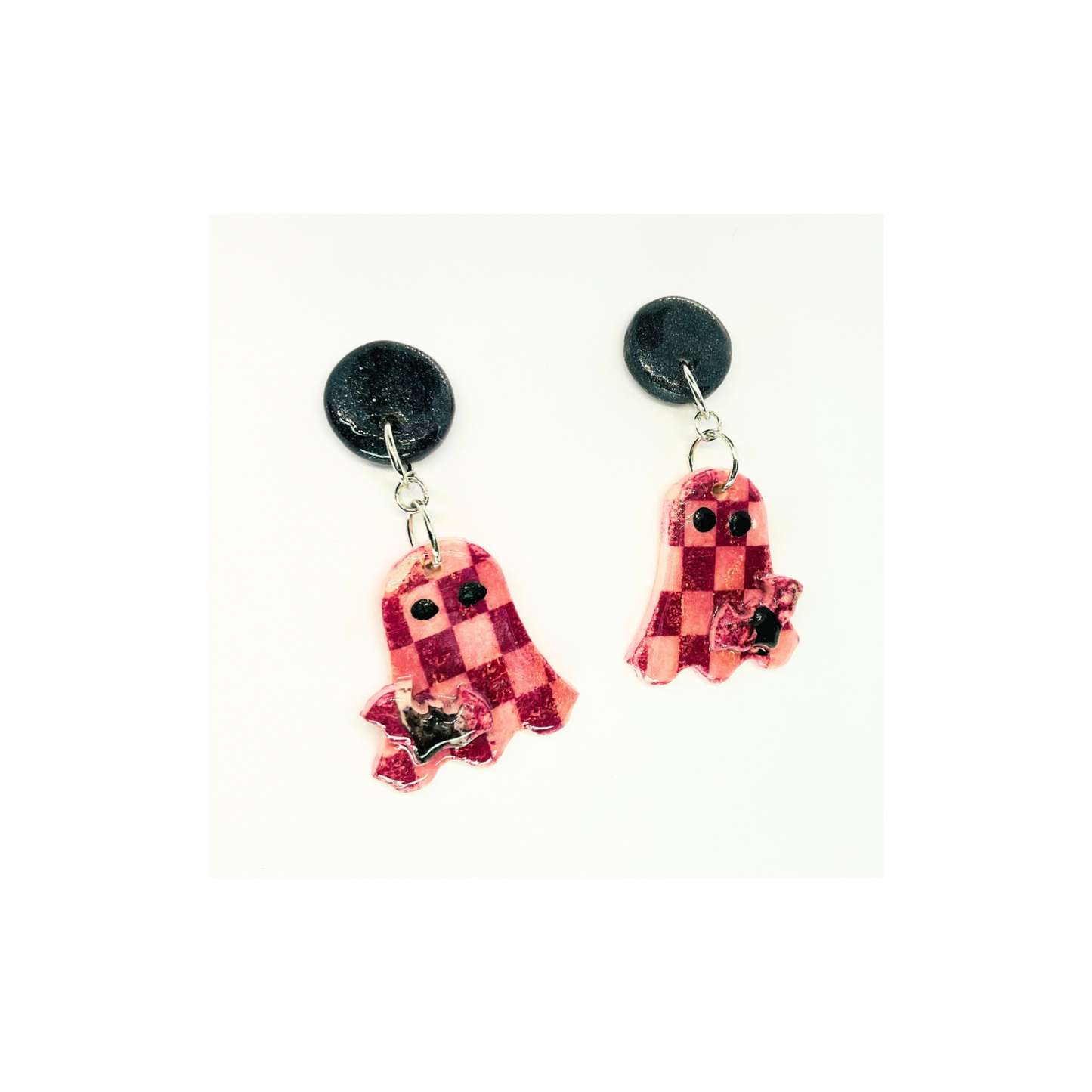 Wizard Collection Check Ghost with Bat Stud Earring - Unique Female Earrings Featuring Ghost and Bat Motif