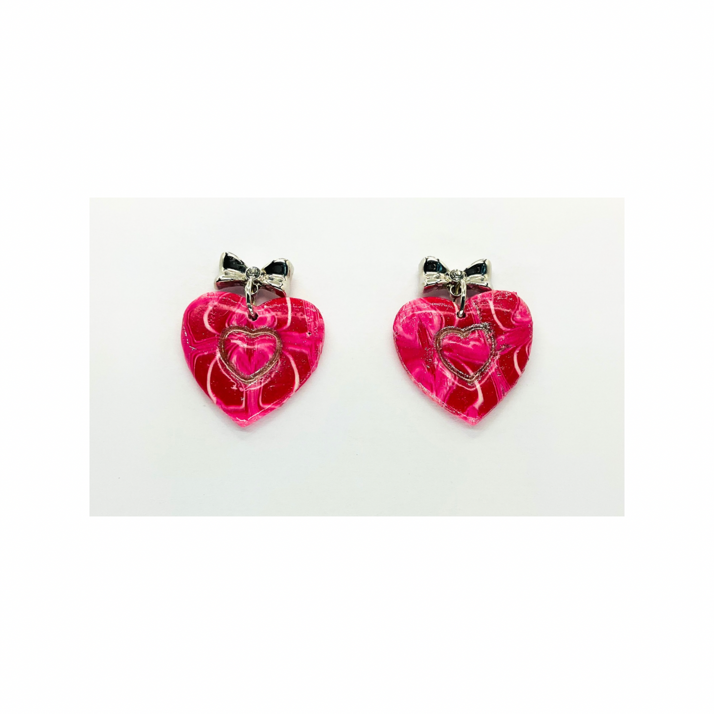 Pink Silver Marble Heart with Bow Stud Earrings