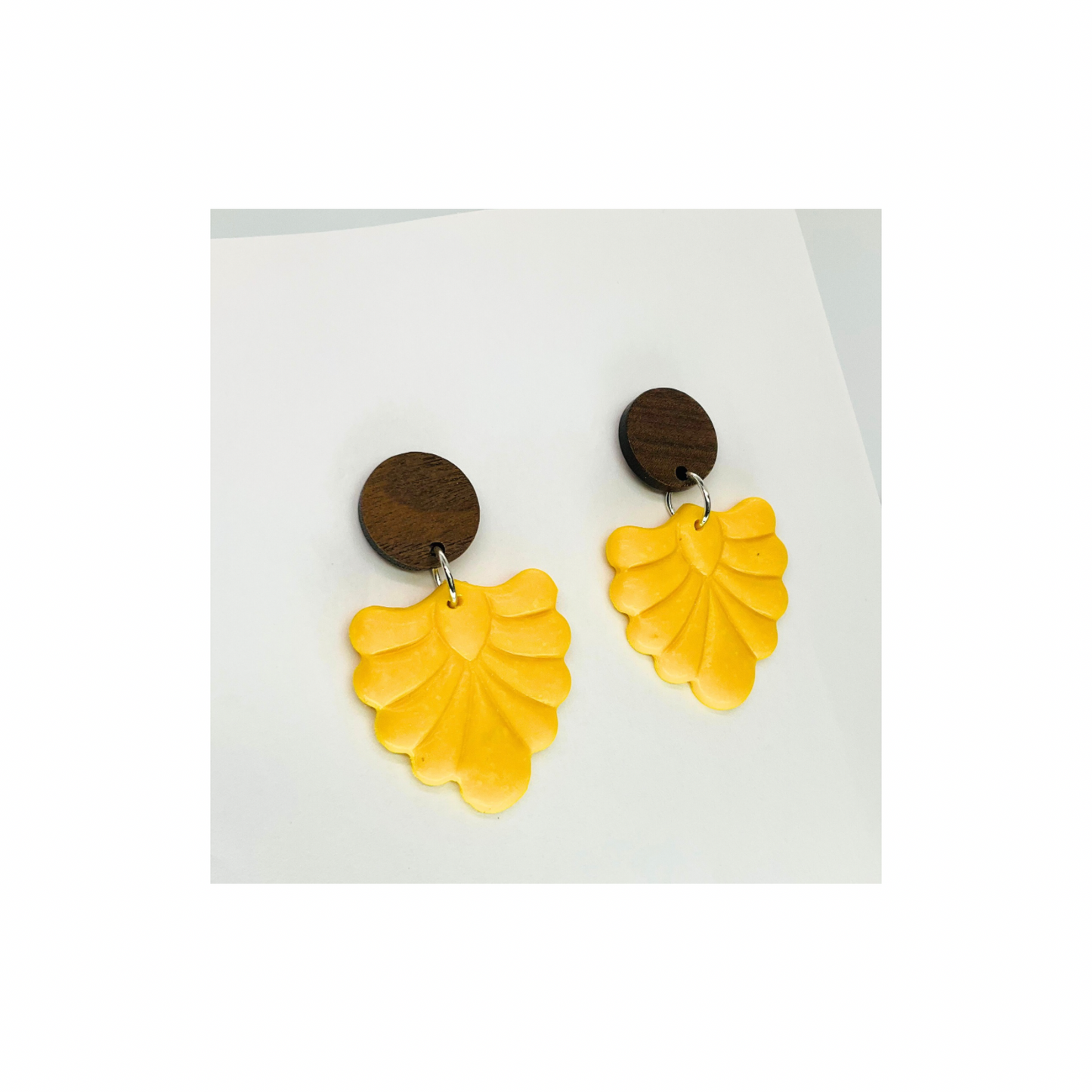 Fall Collection Yellow Dangle Earrings with Wood Button Studs Unique Design Fashion Accessory