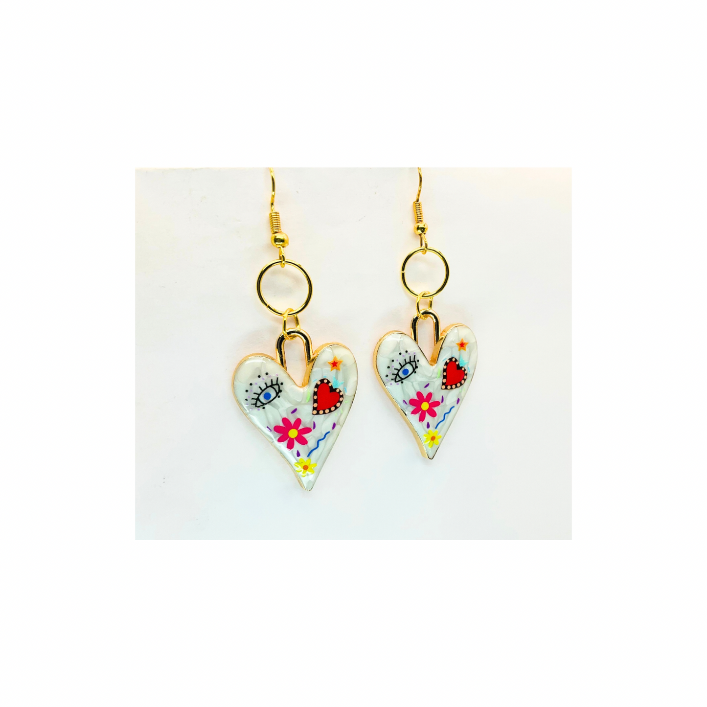 White Metal Dangle with Gold Trim Earrings