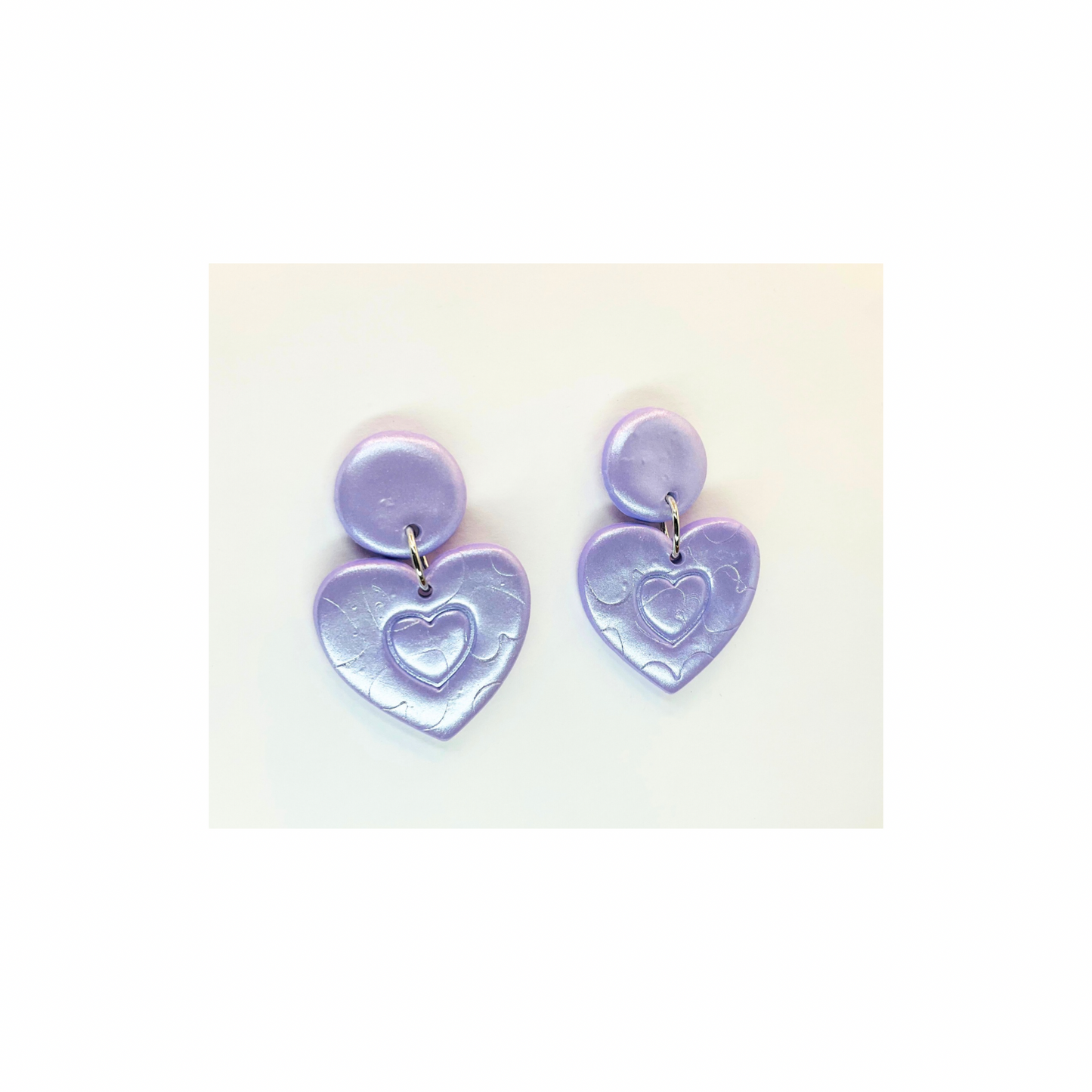 Light Purple Iridescent Stud with Pressed Hearts Dangle Earrings