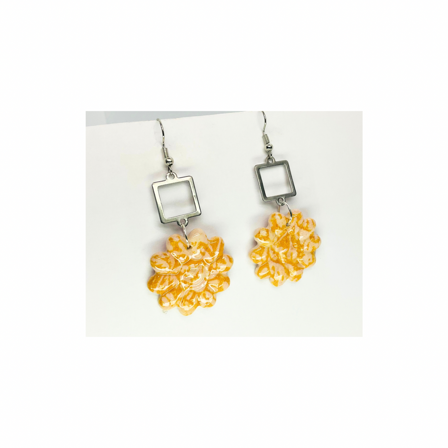 Beach Bloom Collection with Silver Embellishment Dangle Earrings featuring Yellow Floral Design and Square Charms
