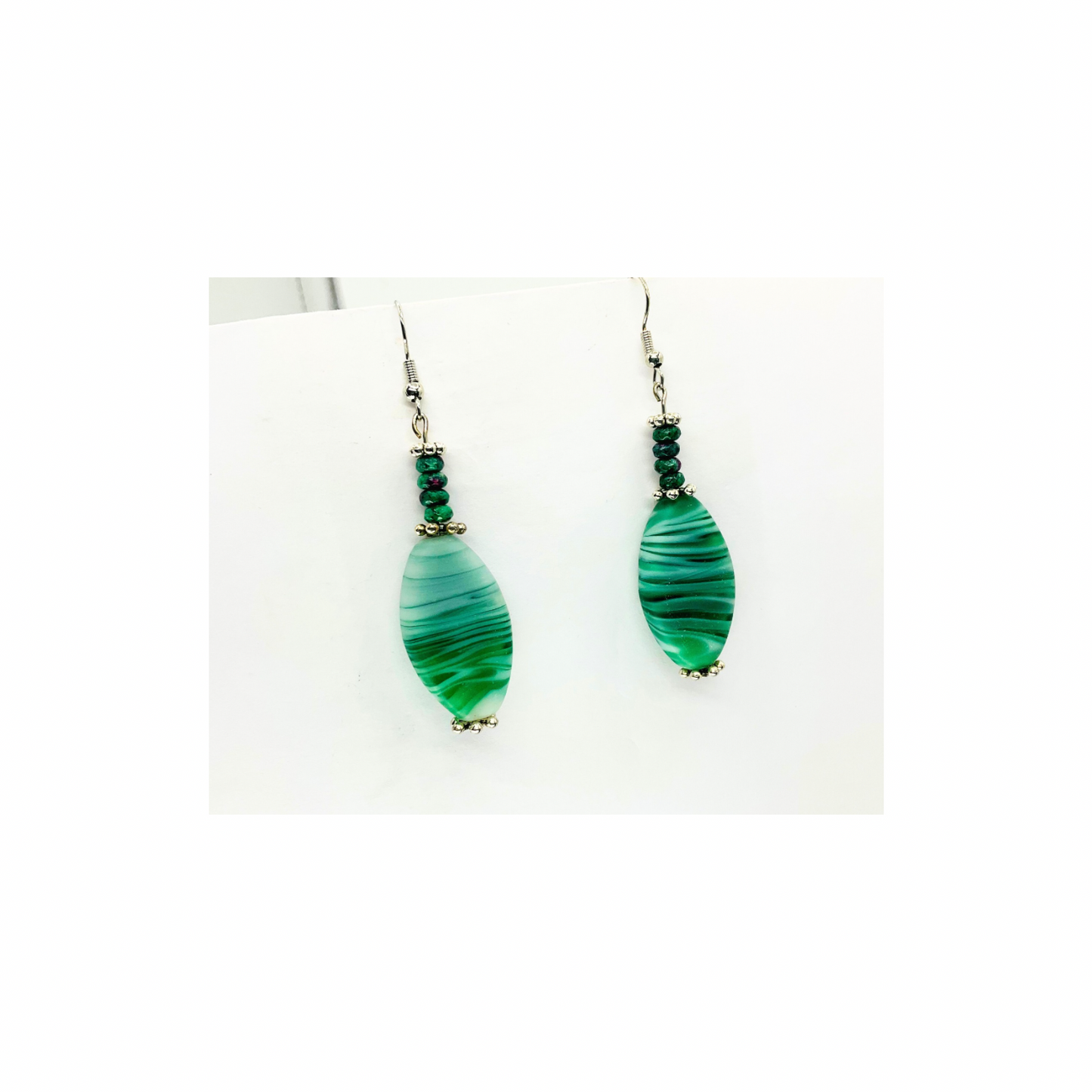 Green Glass Barrel Bead Dangles with Silver Details