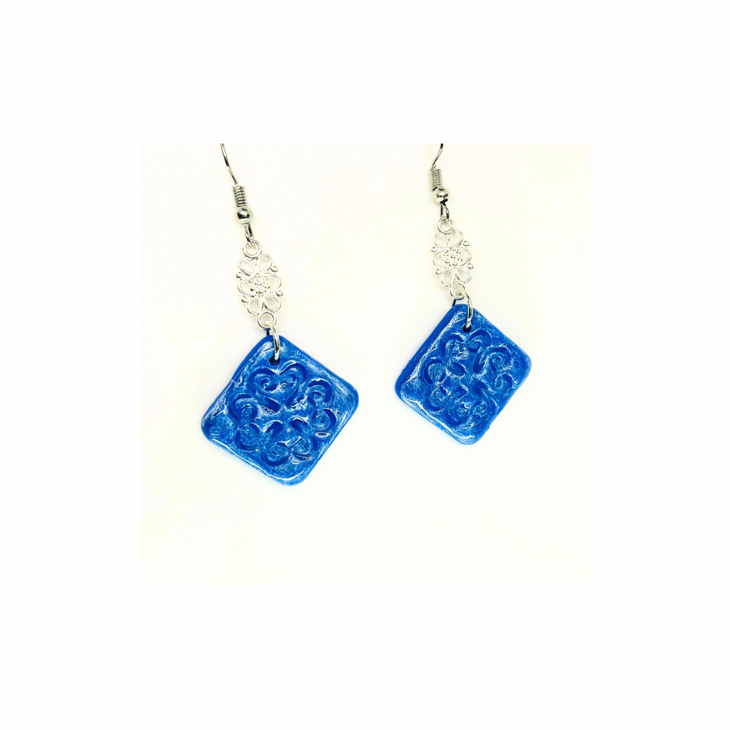 Blue Tile 131 with Silver Charm Dangle Earrings - Unique Design Jewelry Piece