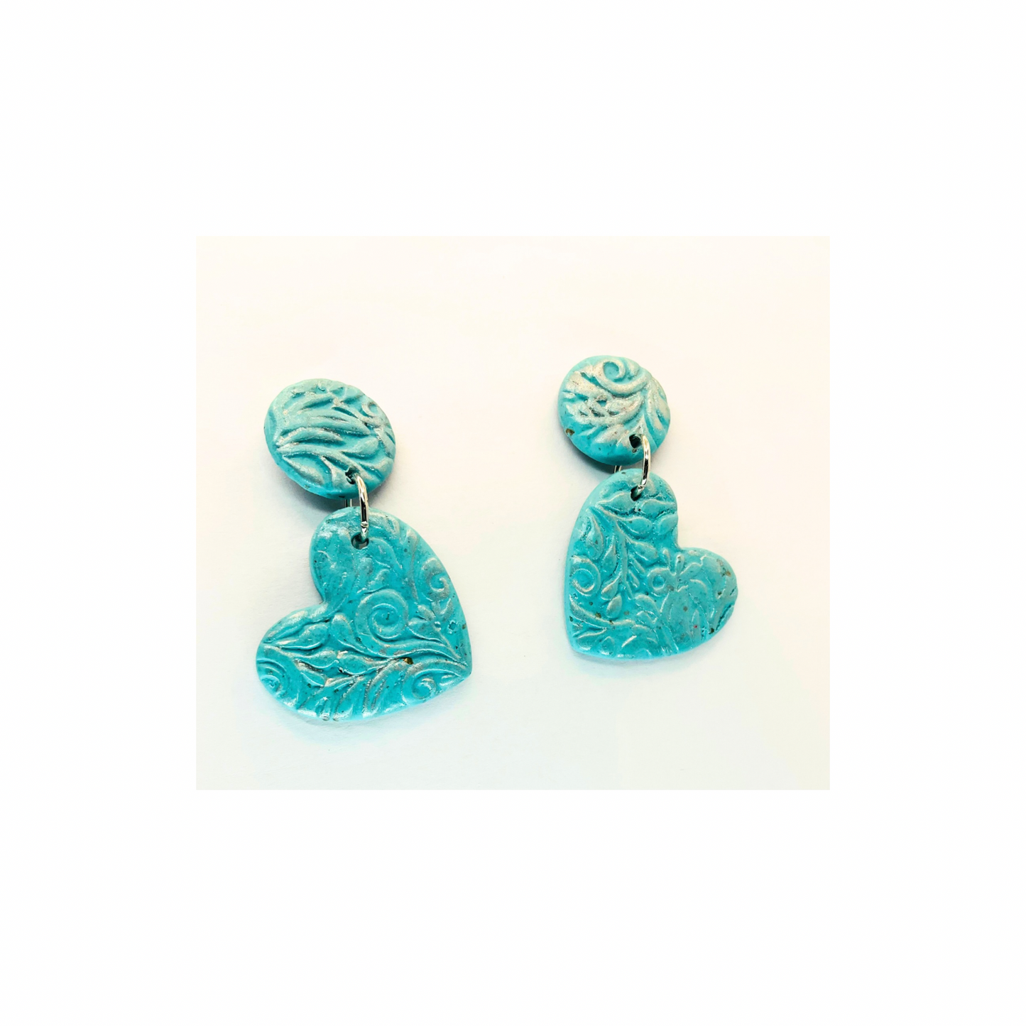 Earrings Blue and Silver Heart Dangle with Button Studs