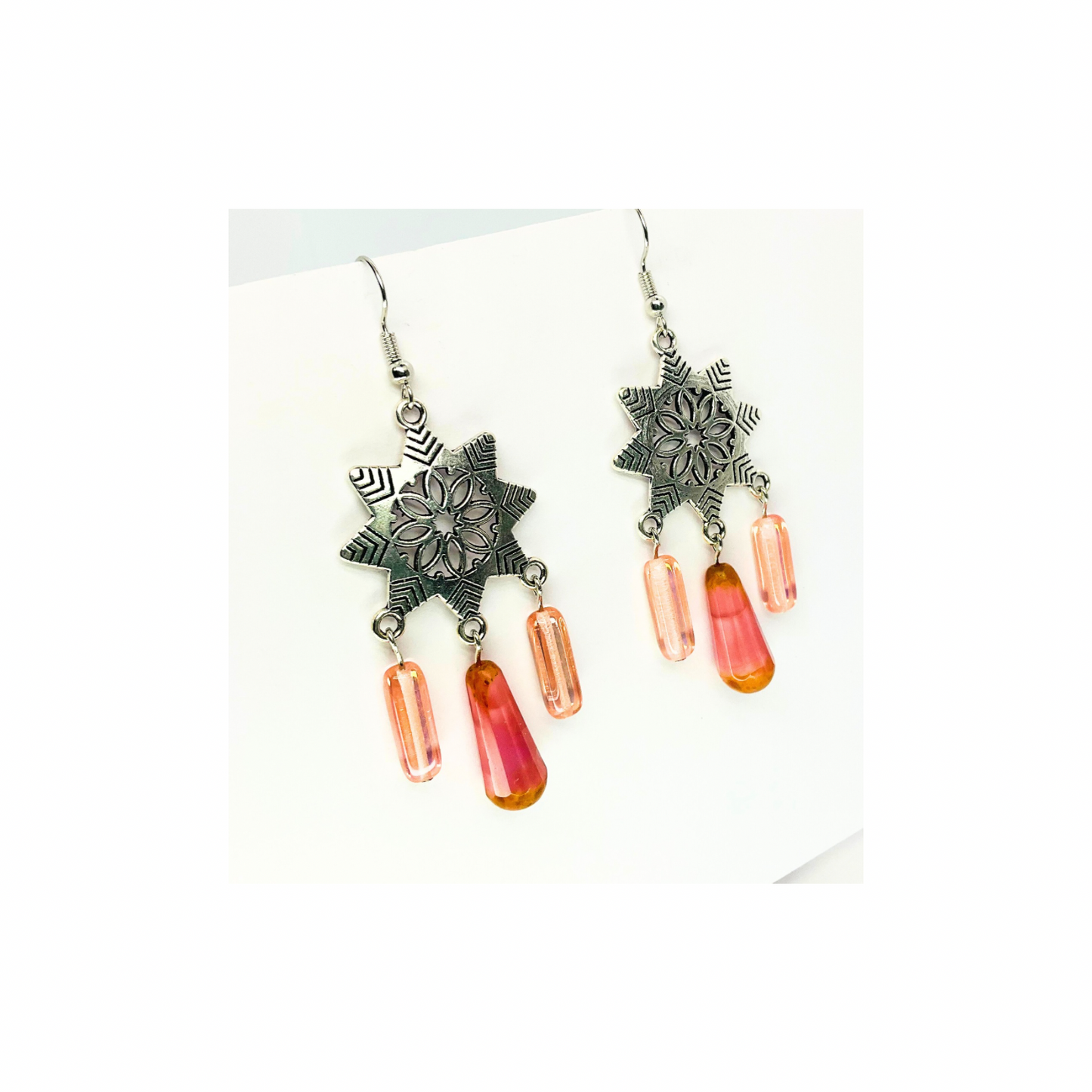 Crystal Chandelier Collection Star Pink Teardrop Dangle Earrings with Unique Design and Colorful Drops