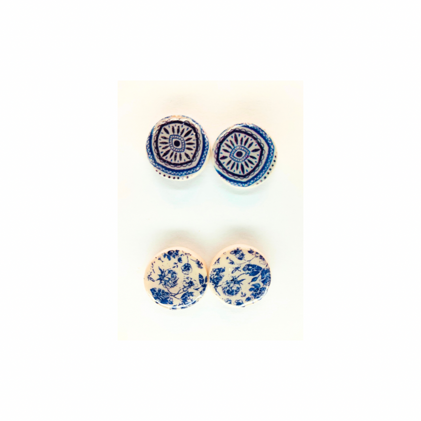 Blue and White Button Tile Stud Earrings