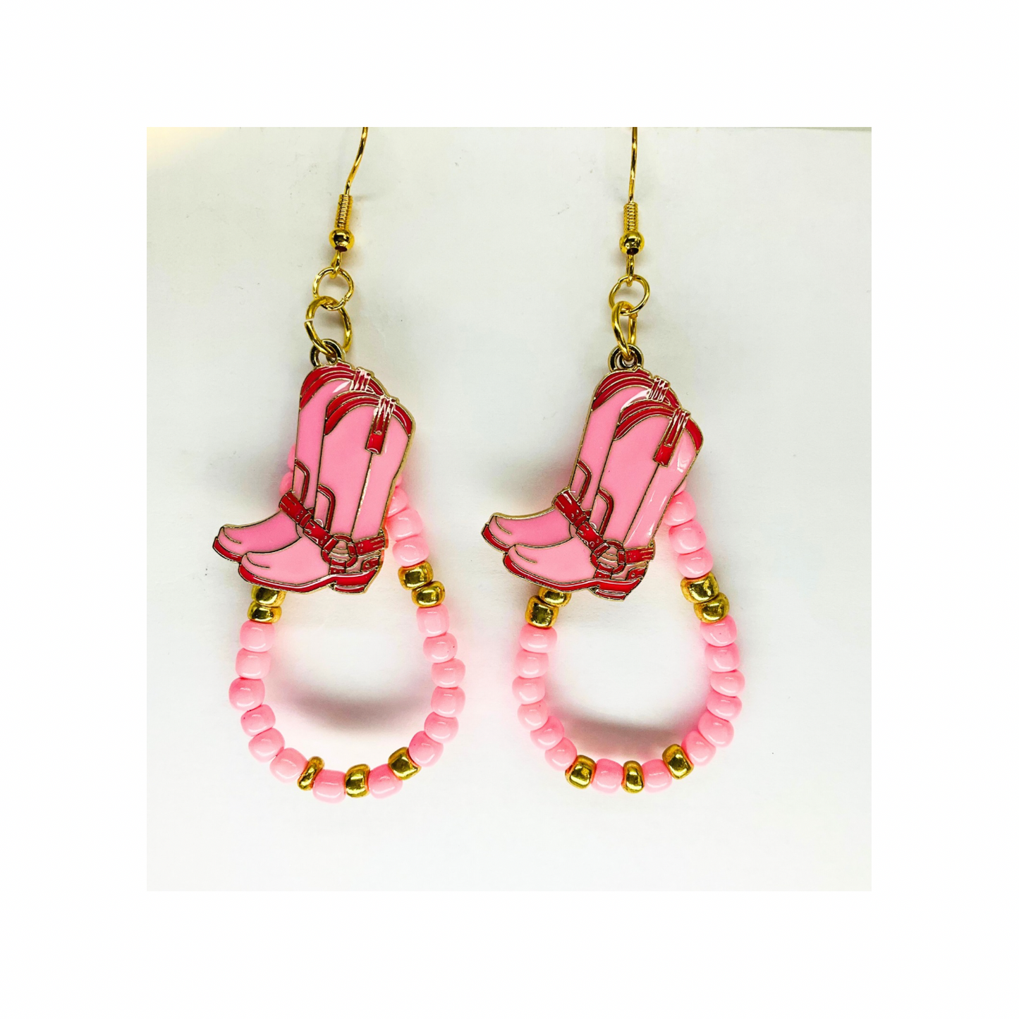 Pink Beaded Teardrop Dangle with Pink Boot Charm Earrings