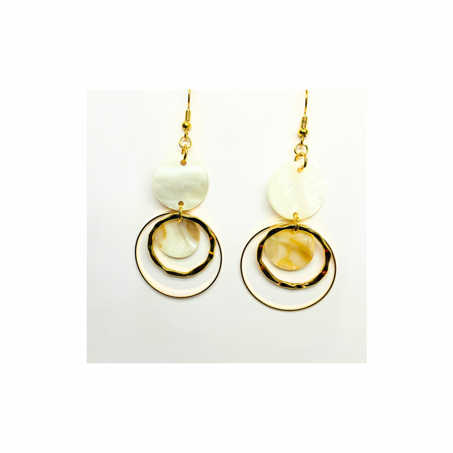 Spot Cream and Gold Collection Circle Dangle Earrings with Unique Design Elements