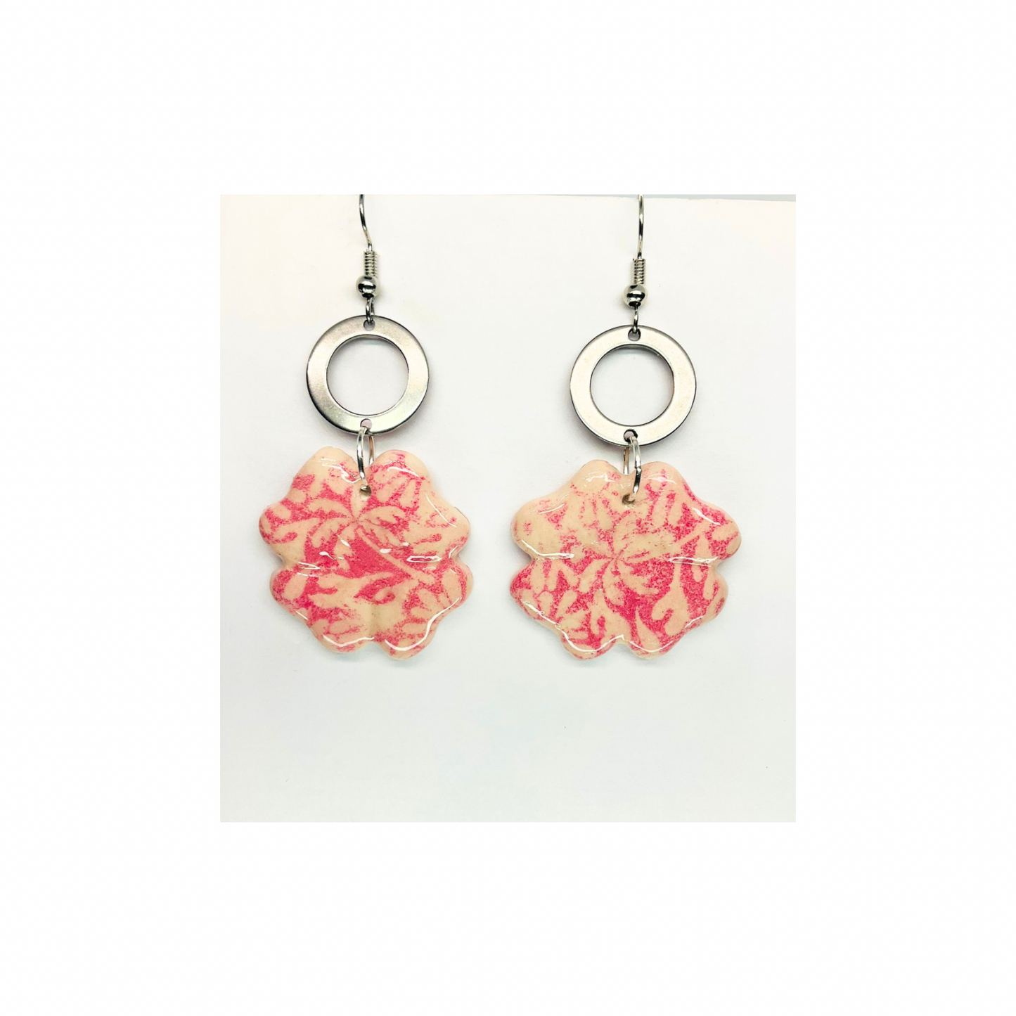 Beach Bloom Collection Pink Flower with Silver Circle Dangle Earring for Female FashionJewelry