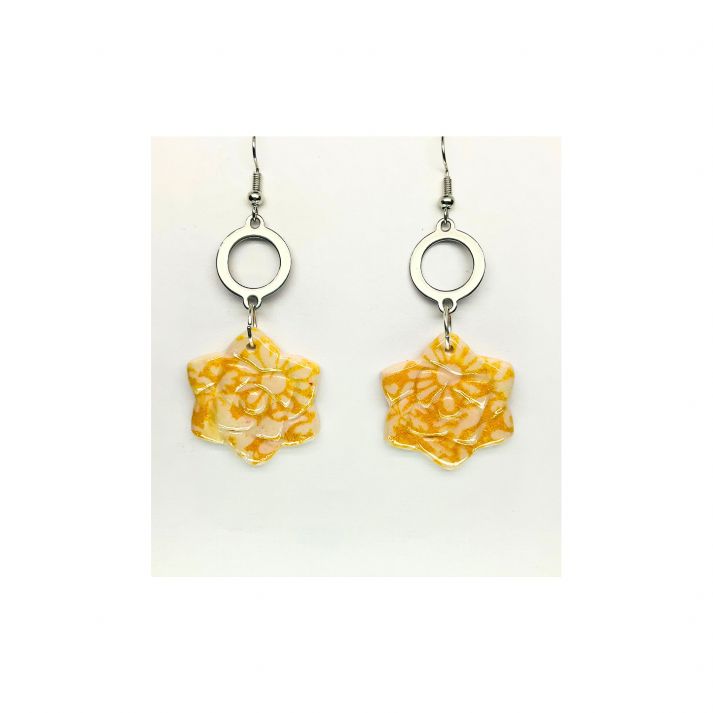Beach Bloom Collection Yellow Star Shape Dangle Earrings with Floral Design and Silver Rings