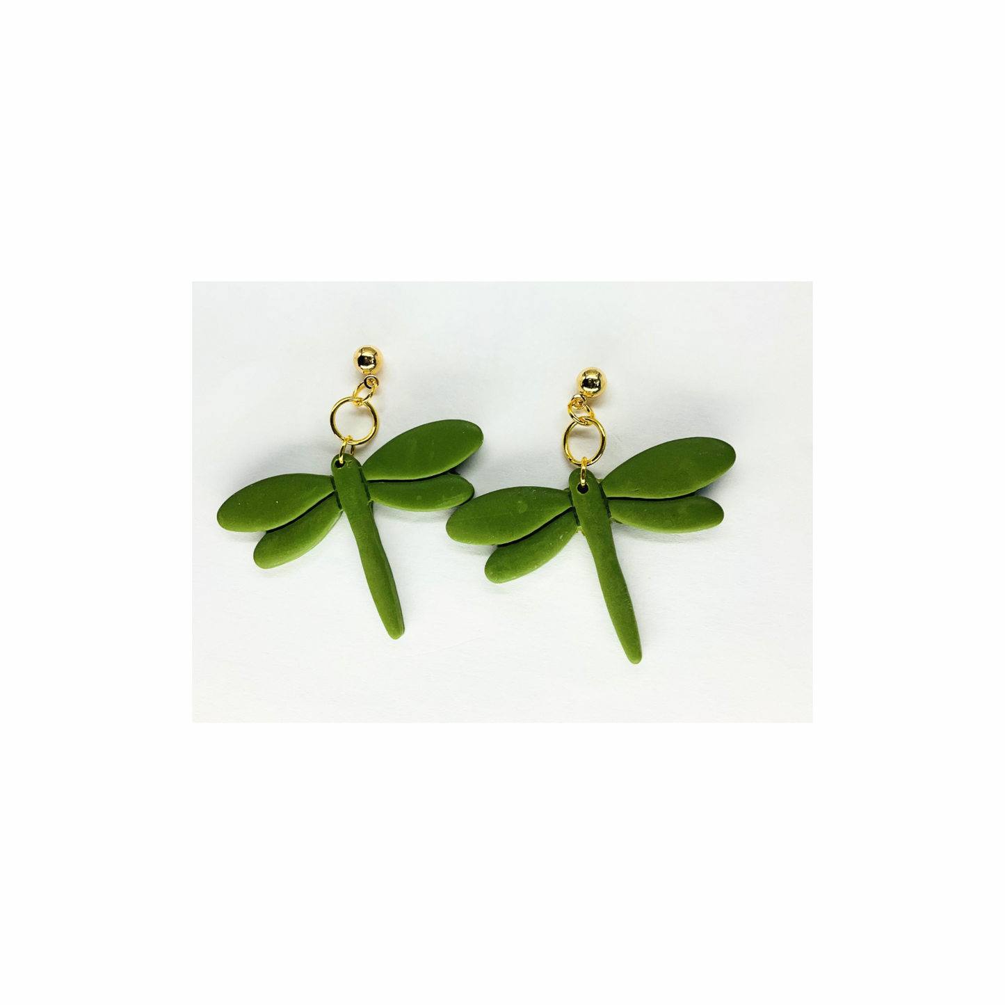 Olive Green Dragonfly Dangle with Gold Ball Stud Earrings-Crafting By BB