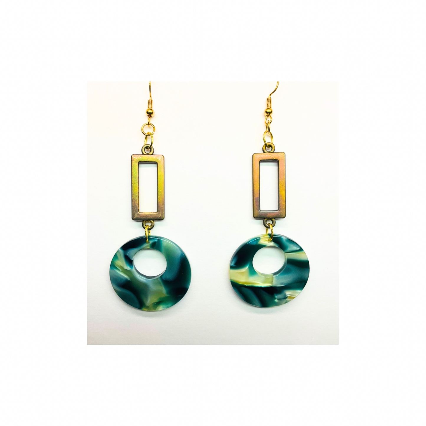 Tortoise Collection Green Circle with Rectangle Earrings - Hook Earrings with Unique Design Elements for Stylish Appeal
