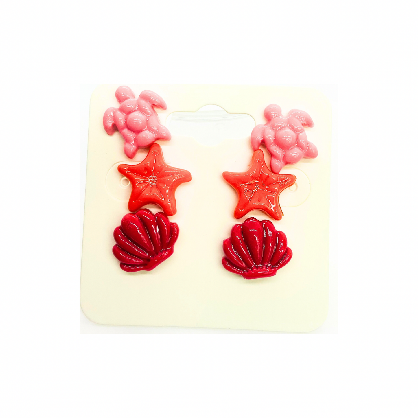 Mermaid Collection Light Pink Turtle, Orange Starfish and Dark Pink Shell Stud Earrings