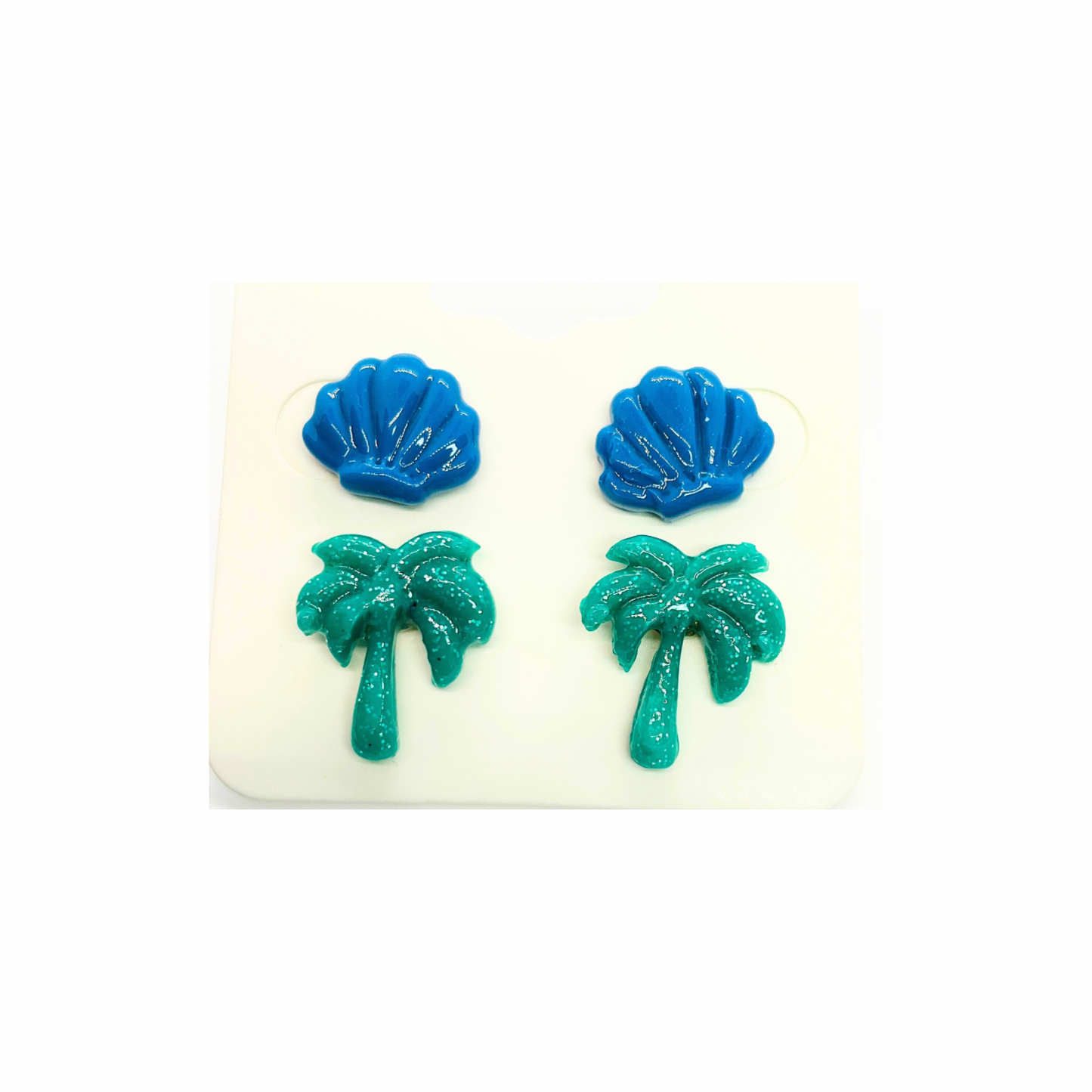Ocean Collection Blue Shells & Green Palm Tree Stud Earrings - Unique Design Jewelry for Women