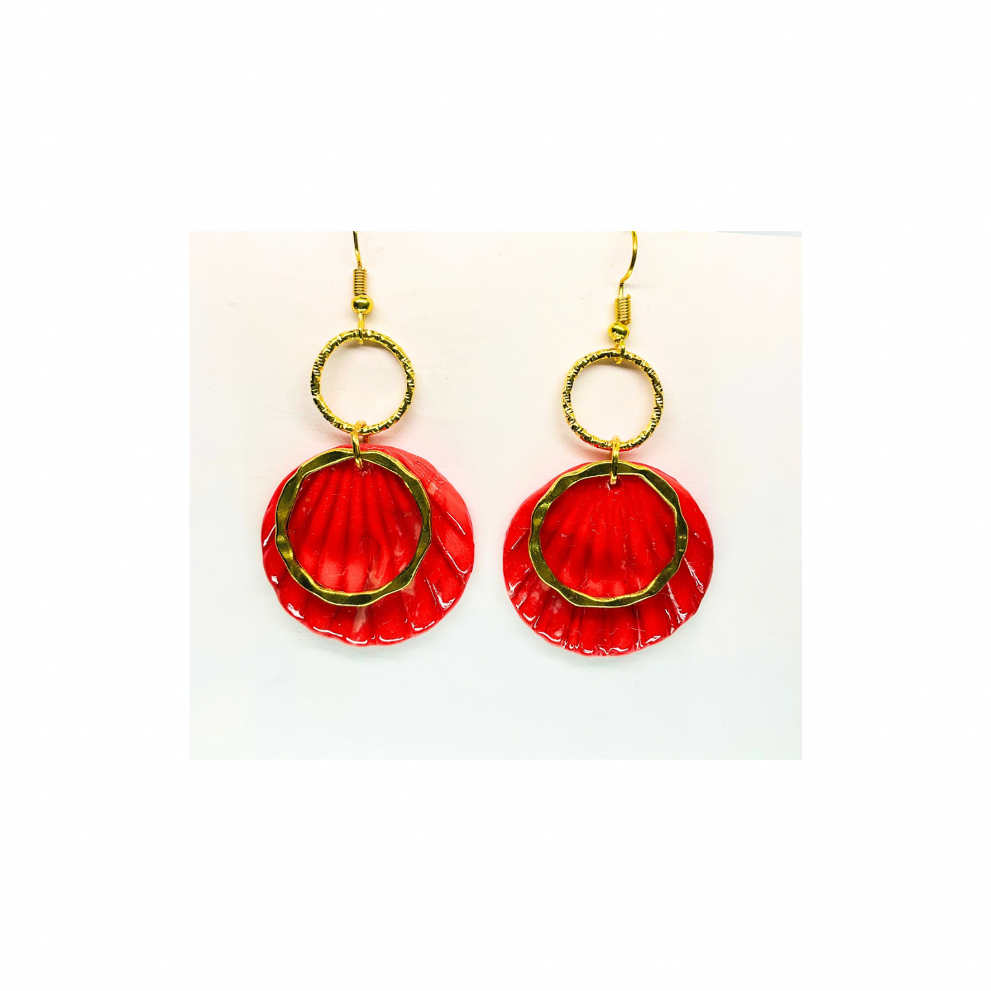 Christmas in July Collection Round with Gold Round Accent Dangle Earrings Red Translucent Design