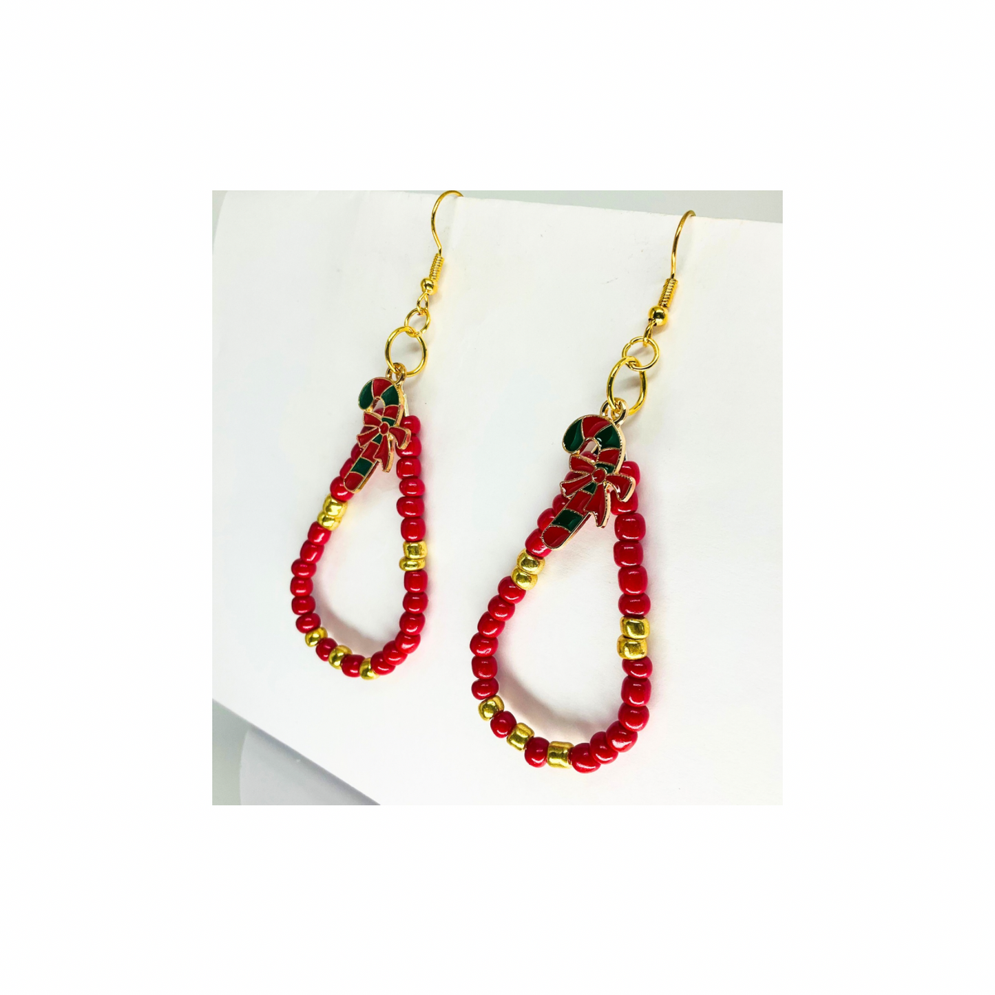 Teardrop Red and Gold Beaded Dangle with Candy Cane Charm Earrings