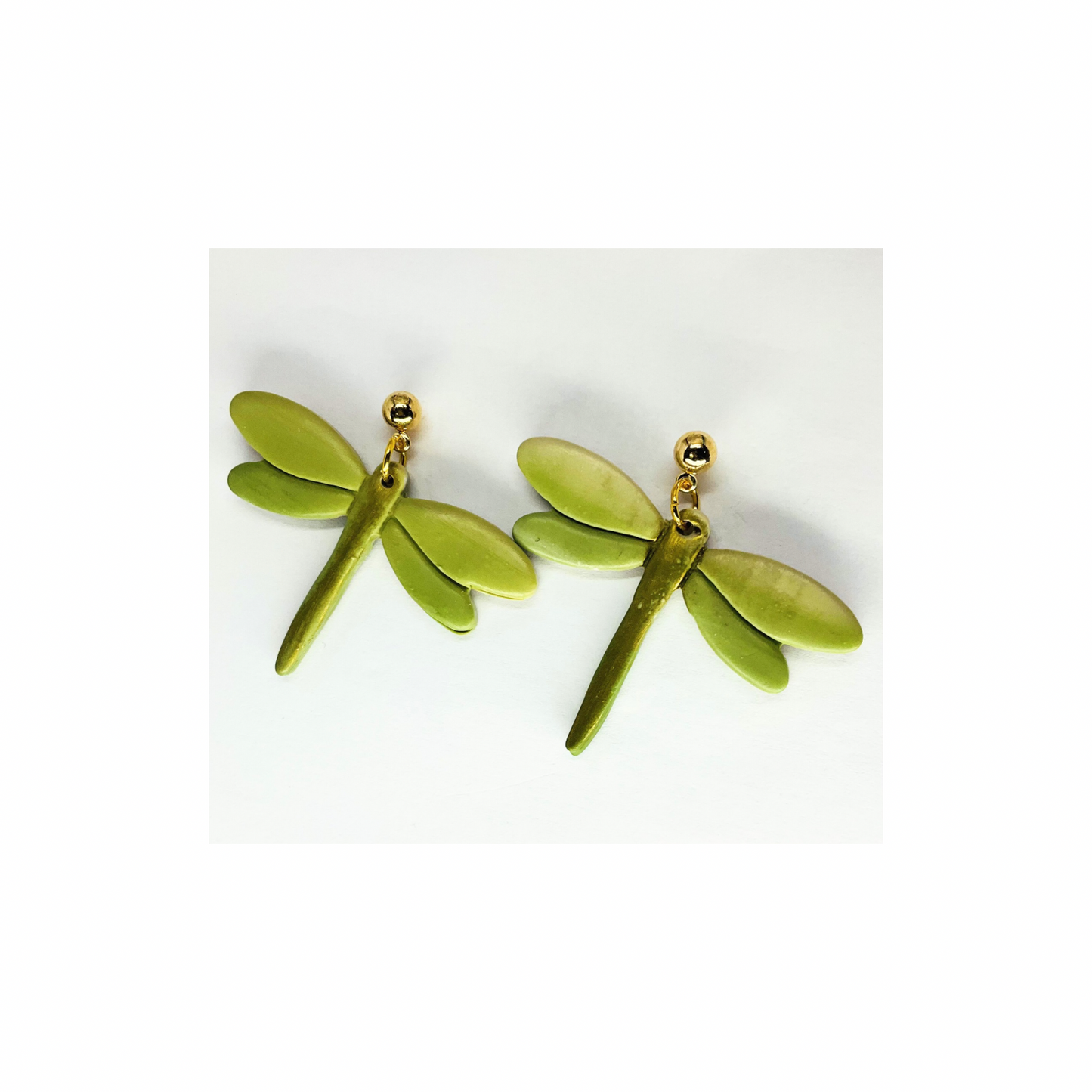 Green and Gold Variegated Dragonfly Dangle with Gold Ball Stud Earrings-Crafting By BB