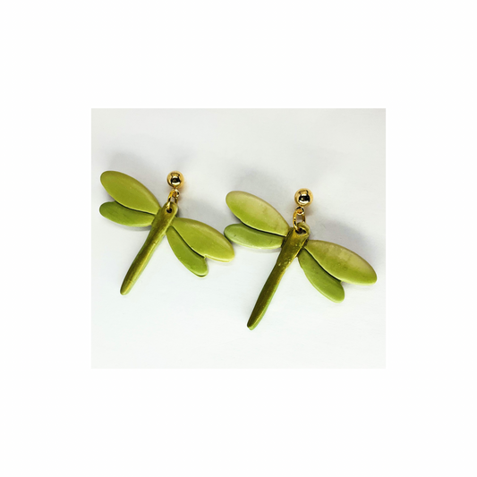 Green and Gold Variegated Dragonfly Dangle with Gold Ball Stud Earrings-Crafting By BB