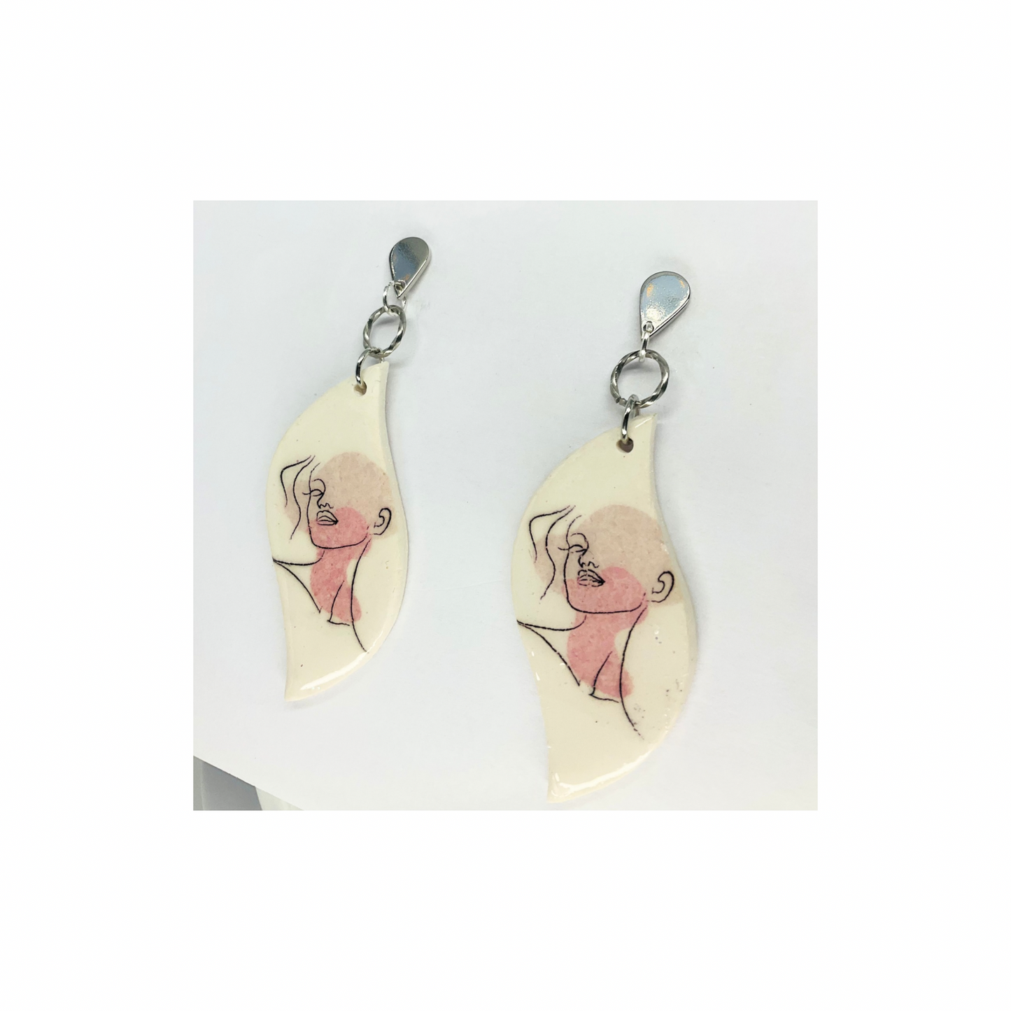 Woman Face Line Art Dangle with Silver Teardrop Stud Earrings-Crafting By BB