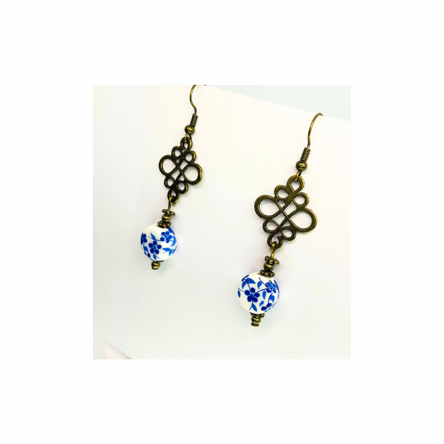 Porcelain Bead Collection Romantic Blue Flower Dangle Earrings for Female with Unique Design