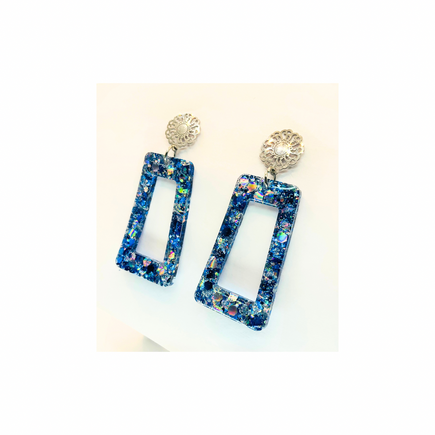 Blue Sparkle Drop with Filigree Stud Dangle Earrings