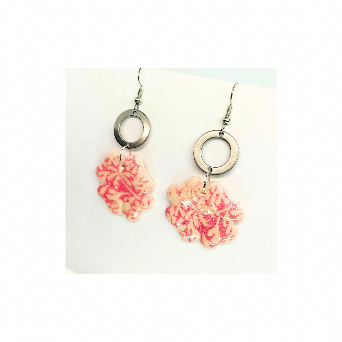 Beach Bloom Collection Pink Flower with Silver Circle Dangle Earring for Female FashionJewelry
