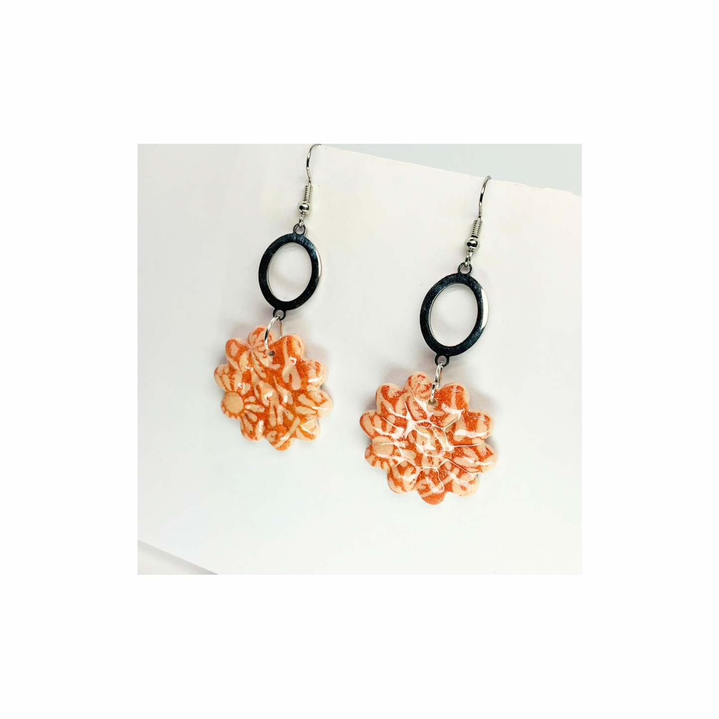 Beach Bloom Collection Salmon Flowered with Silver Embellishments Dangle Earrings for Women Elegant Salmon Floral Design & Silver Accents