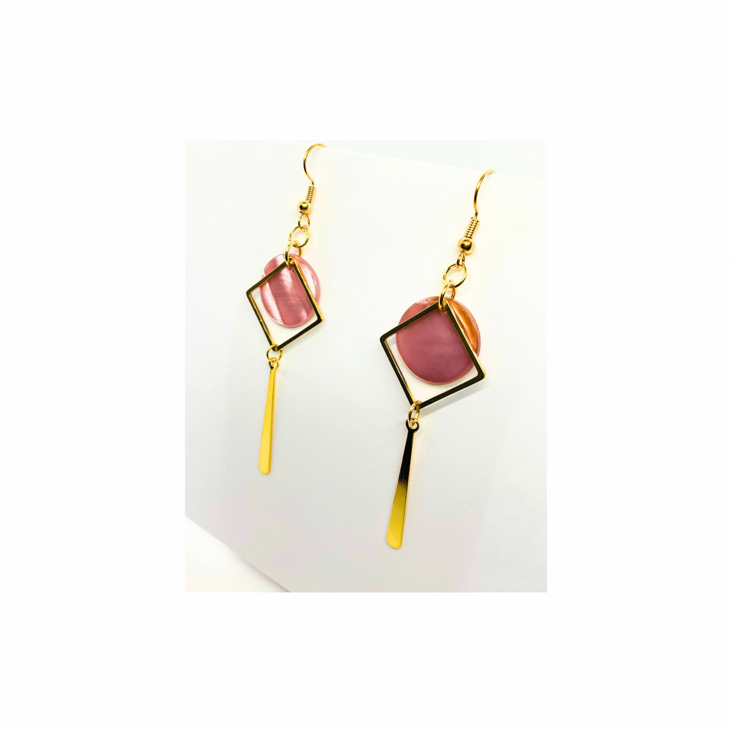 Pink Shell Collection Pink Circle with Gold Accent Dangle Earrings - Geometric Design & Elegant Pink Shell Accents
